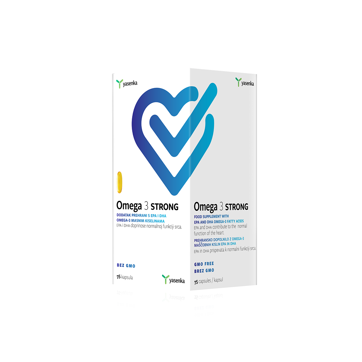 Omega-3 Strong A75 supplement with high potency for heart and brain health, featuring essential fatty acids in convenient capsule form, available for purchase in Ireland at Yasenka.ie.