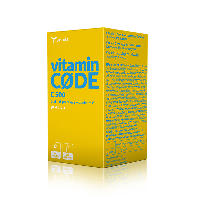 Imuno C 500 vitamin C supplement from Yasenka, designed for immune support, showcasing bright packaging with citrus graphics, , available for purchase in Ireland at Yasenka.ie