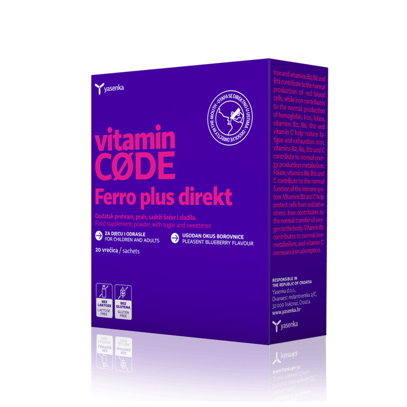 Vitamin Code Ferro Plus Direkt supplement designed to support iron levels and enhance energy, featuring a blend of vitamins and minerals for optimal absorption and overall health benefits, available for purchase in Ireland at Yasenka.ie
