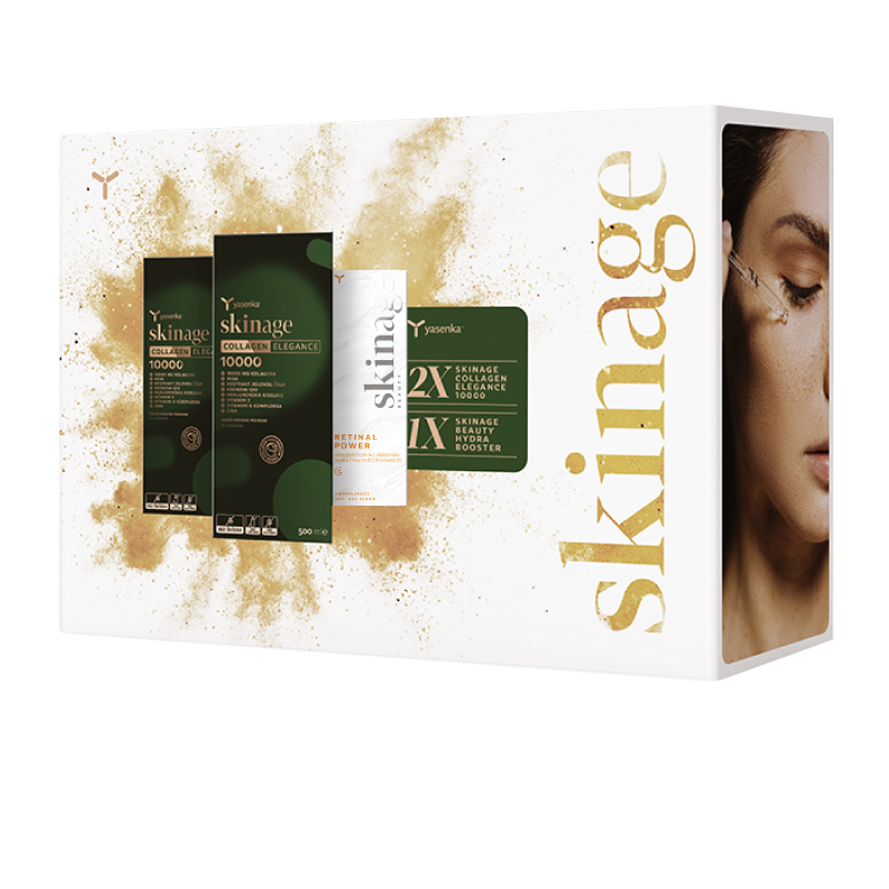 Yasenka Gift Pack - ELEGANCE and RETINAL POWER serum. This combination features 2 x SKINAGE COLLAGEN ELEGANCE 10,000 for nourishing skin, revitalizing complexion, and boosting energy, alongside Skinage Beauty Retinal Power serum for reducing imperfections and enhancing collagen synthesis